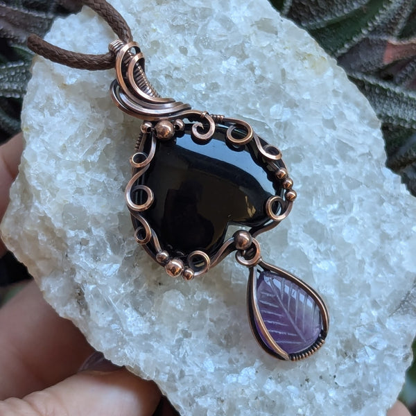 Onyx & Amethyst Wire Wrapped Pendant in Oxidized Copper