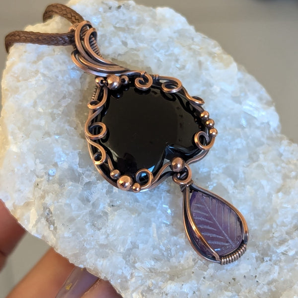 Onyx & Amethyst Wire Wrapped Pendant in Oxidized Copper