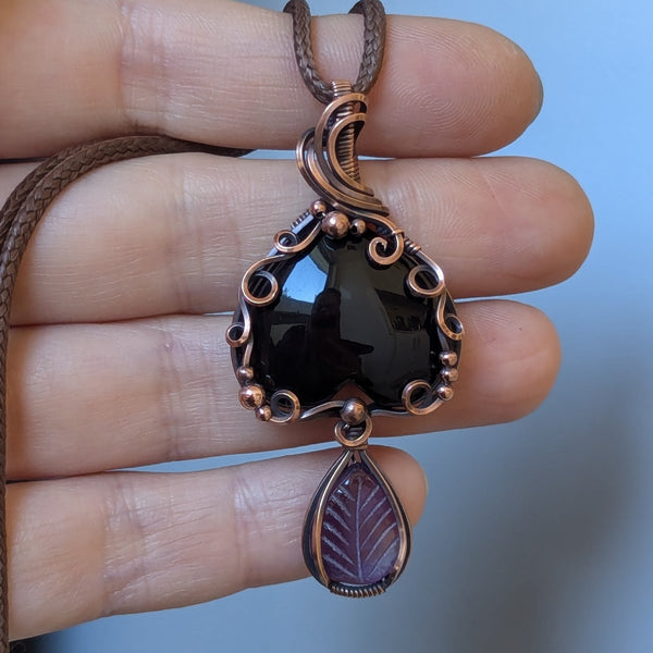 Onyx & Amethyst Wire Wrapped Pendant in Oxidized Copper