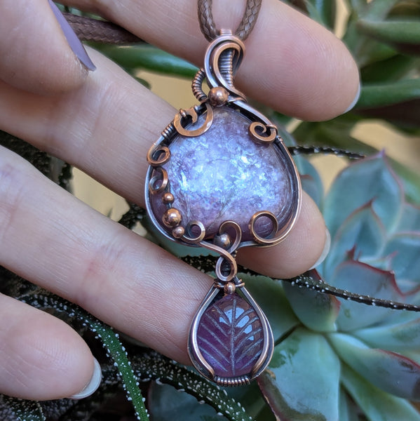 Lepidolite Mica & Amethyst Wire Wrapped Pendant in Oxidized Copper