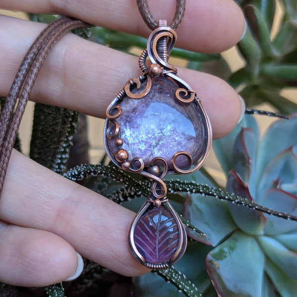 Lepidolite Mica & Amethyst Wire Wrapped Pendant in Oxidized Copper