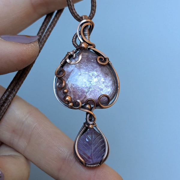 Lepidolite Mica & Amethyst Wire Wrapped Pendant in Oxidized Copper