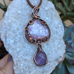 Lepidolite Mica & Amethyst Wire Wrapped Pendant in Oxidized Copper