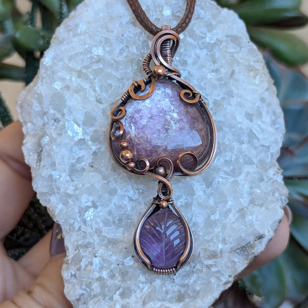 Lepidolite Mica & Amethyst Wire Wrapped Pendant in Oxidized Copper