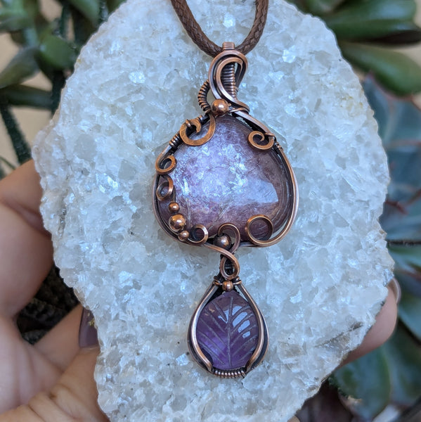 Lepidolite Mica & Amethyst Wire Wrapped Pendant in Oxidized Copper