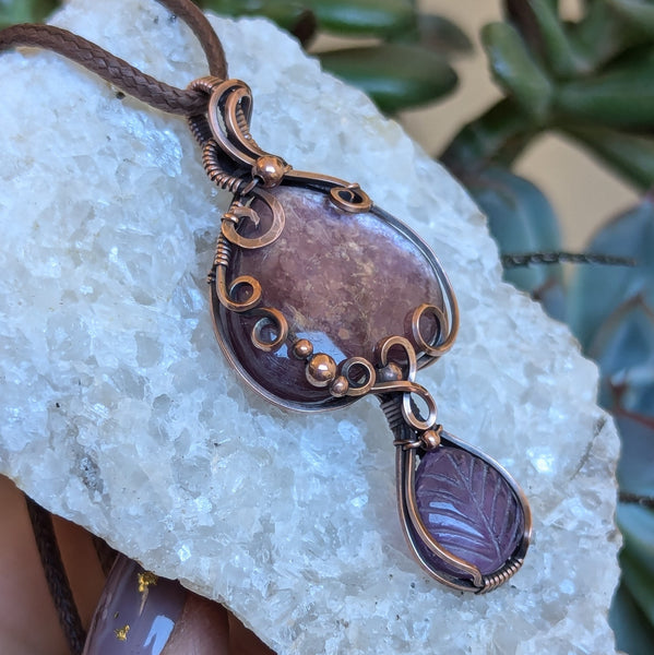 Lepidolite Mica & Amethyst Wire Wrapped Pendant in Oxidized Copper