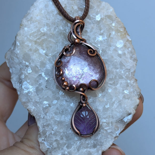 Lepidolite Mica & Amethyst Wire Wrapped Pendant in Oxidized Copper