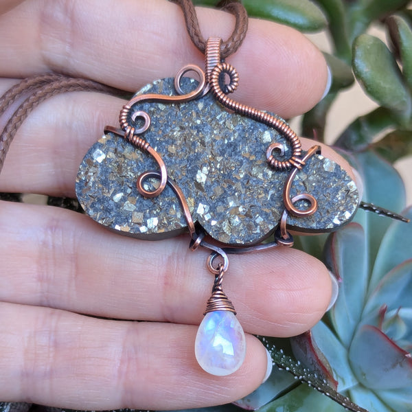 Pyrite Druzy Cloud with Rainbow Moonstone Wire Wrapped Pendant in Oxidized Copper