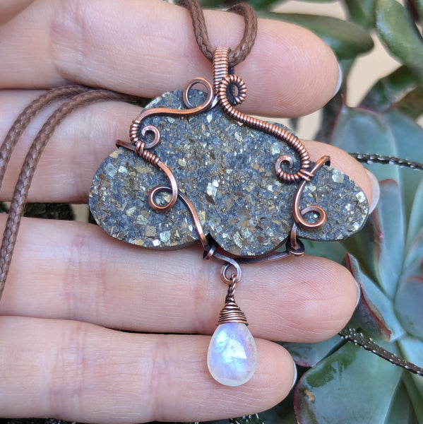 Pyrite Druzy Cloud with Rainbow Moonstone Wire Wrapped Pendant in Oxidized Copper