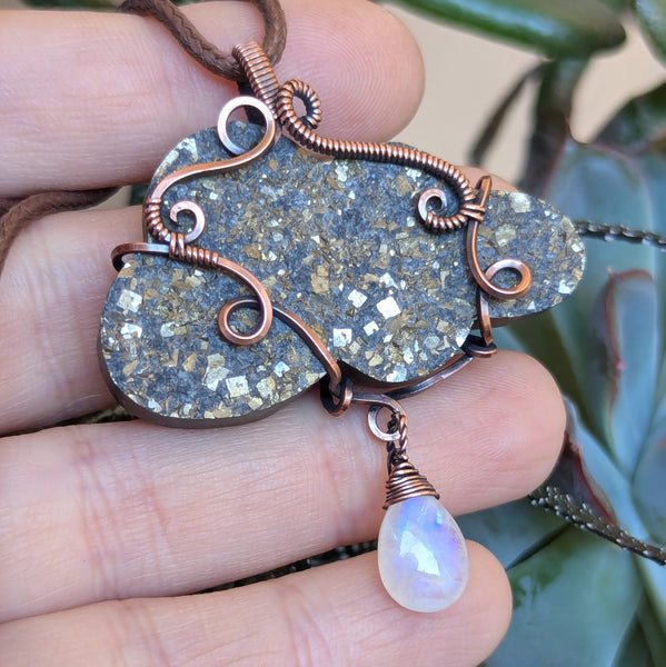 Pyrite Druzy Cloud with Rainbow Moonstone Wire Wrapped Pendant in Oxidized Copper