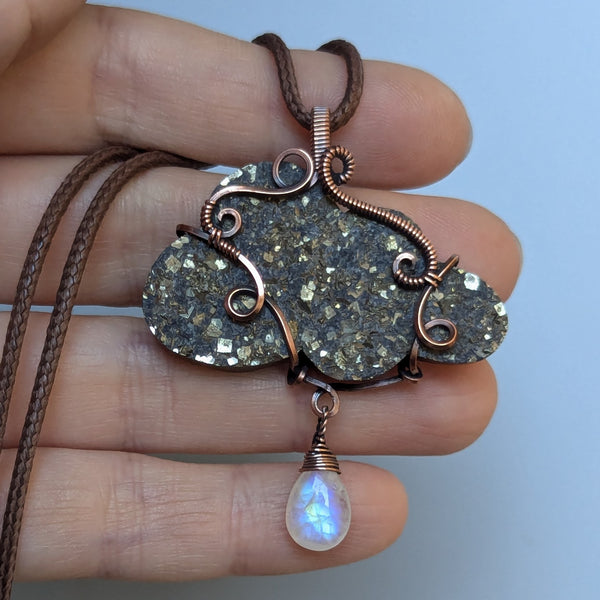 Pyrite Druzy Cloud with Rainbow Moonstone Wire Wrapped Pendant in Oxidized Copper