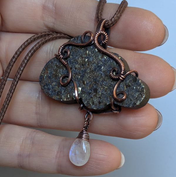 Pyrite Druzy Cloud with Rainbow Moonstone Wire Wrapped Pendant in Oxidized Copper