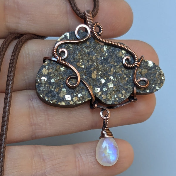 Pyrite Druzy Cloud with Rainbow Moonstone Wire Wrapped Pendant in Oxidized Copper