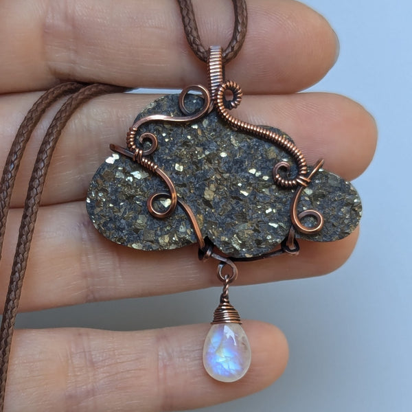 Pyrite Druzy Cloud with Rainbow Moonstone Wire Wrapped Pendant in Oxidized Copper