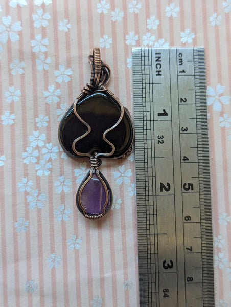 Onyx & Amethyst Wire Wrapped Pendant in Oxidized Copper