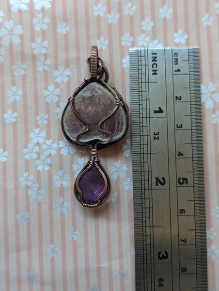 Lepidolite Mica & Amethyst Wire Wrapped Pendant in Oxidized Copper