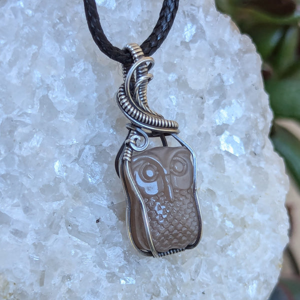 Peach Moonstone Owl Wire Wrapped Oxidized Sterling Silver Pendant