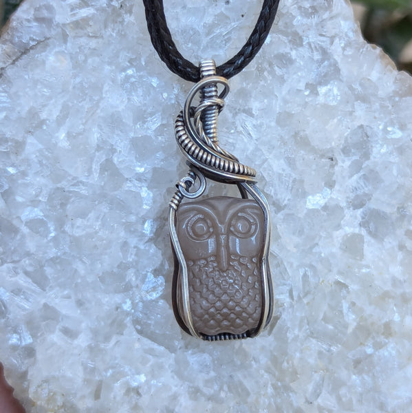 Peach Moonstone Owl Wire Wrapped Oxidized Sterling Silver Pendant