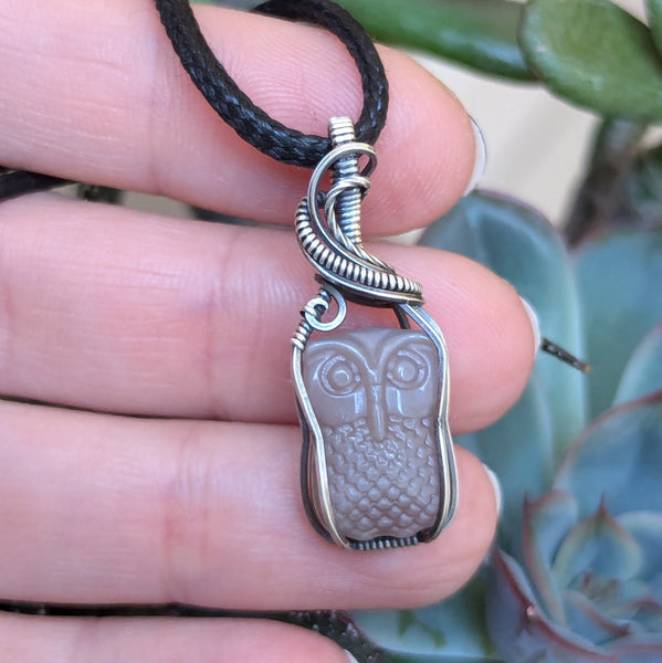 Peach Moonstone Owl Wire Wrapped Oxidized Sterling Silver Pendant