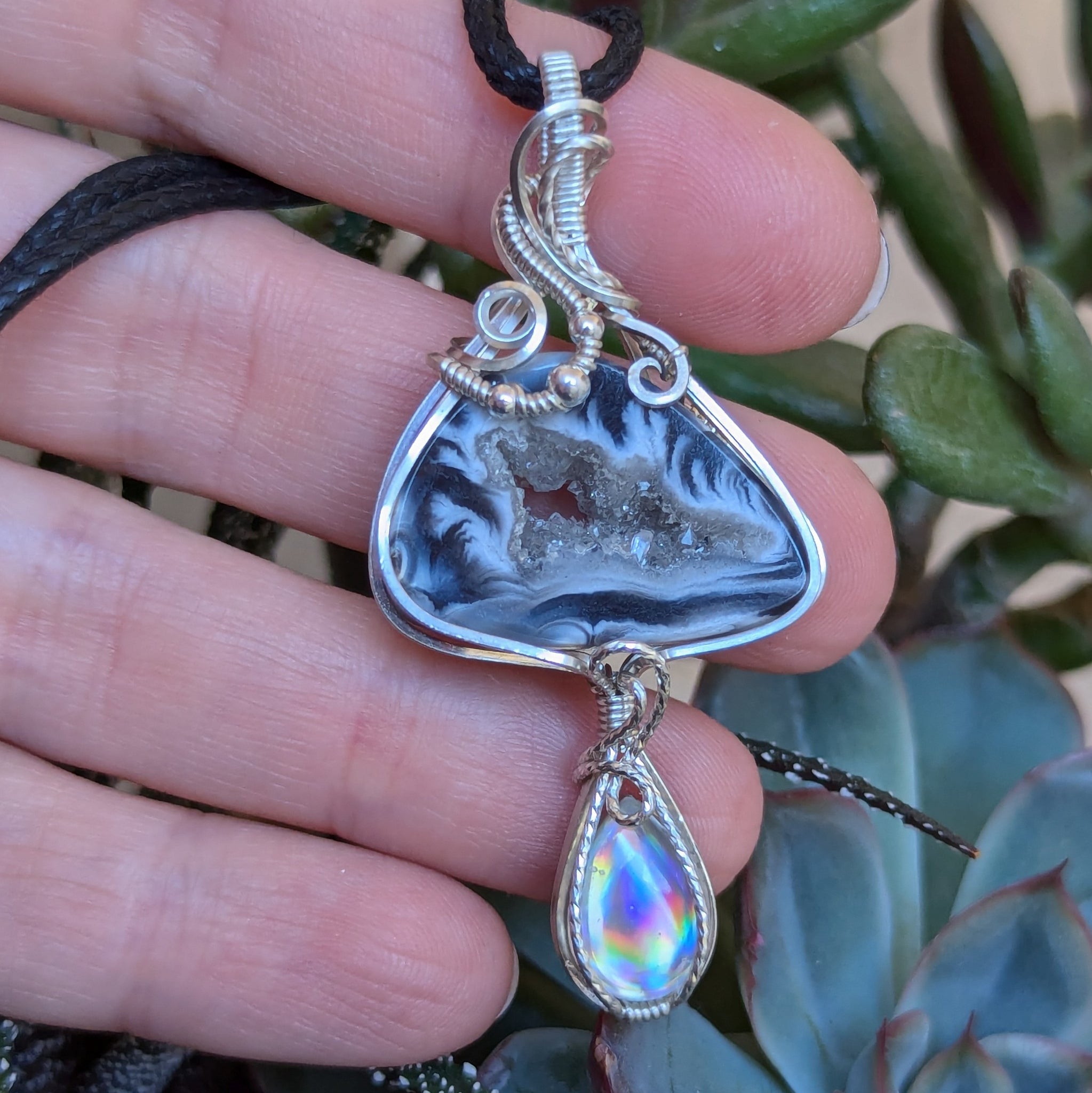 Geode Slice & Disco Quartz Wire Wrapped Sterling Silver Pendant