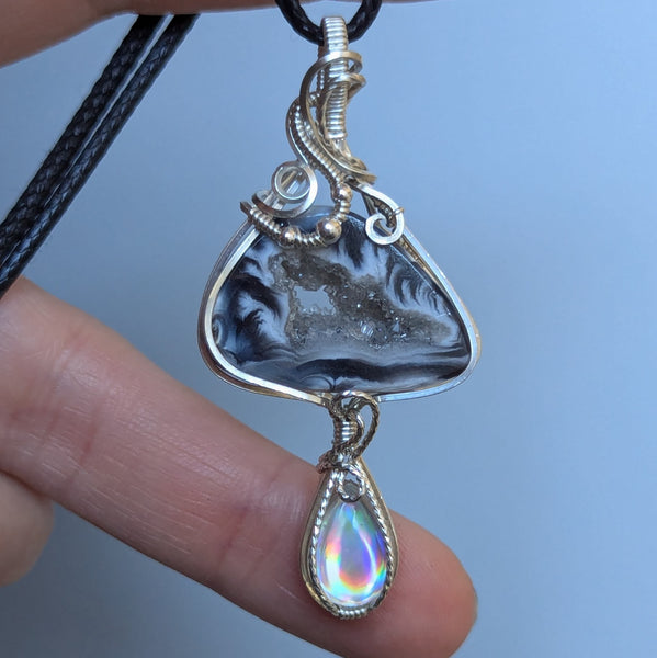 Geode Slice & Disco Quartz Wire Wrapped Sterling Silver Pendant