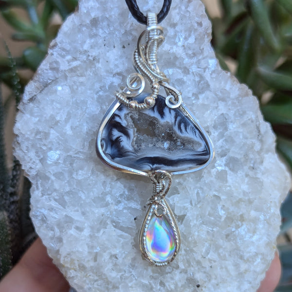 Geode Slice & Disco Quartz Wire Wrapped Sterling Silver Pendant