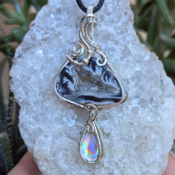 Geode Slice & Disco Quartz Wire Wrapped Sterling Silver Pendant