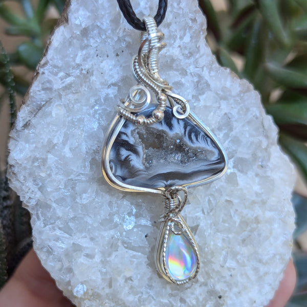 Geode Slice & Disco Quartz Wire Wrapped Sterling Silver Pendant