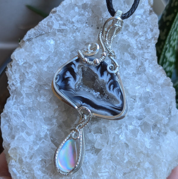 Geode Slice & Disco Quartz Wire Wrapped Sterling Silver Pendant