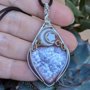 Lepidolite Mica Heart & Peach Moonstone Moon/Star Wire Wrapped Sterling Silver Pendant