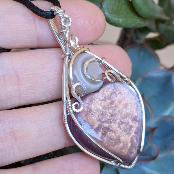 Lepidolite Mica Heart & Peach Moonstone Moon/Star Wire Wrapped Sterling Silver Pendant