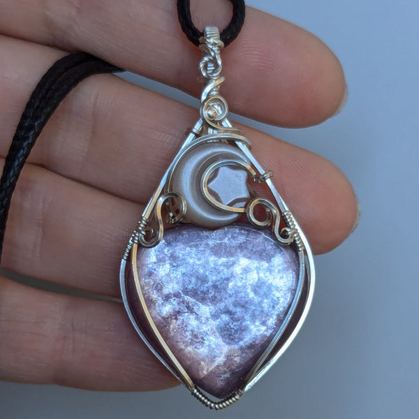 Lepidolite Mica Heart & Peach Moonstone Moon/Star Wire Wrapped Sterling Silver Pendant