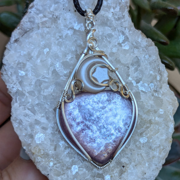 Lepidolite Mica Heart & Peach Moonstone Moon/Star Wire Wrapped Sterling Silver Pendant