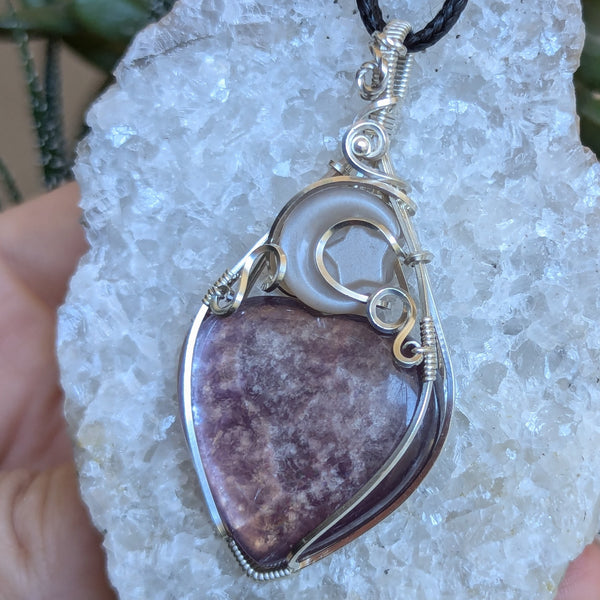 Lepidolite Mica Heart & Peach Moonstone Moon/Star Wire Wrapped Sterling Silver Pendant