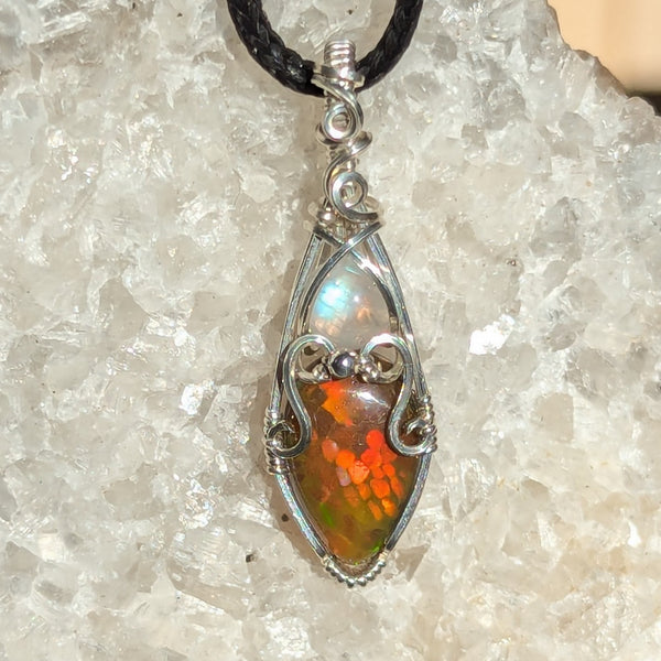 Welo Opal & Rainbow Moonstone Wire Wrapped Sterling Silver Mini Vase Pendant