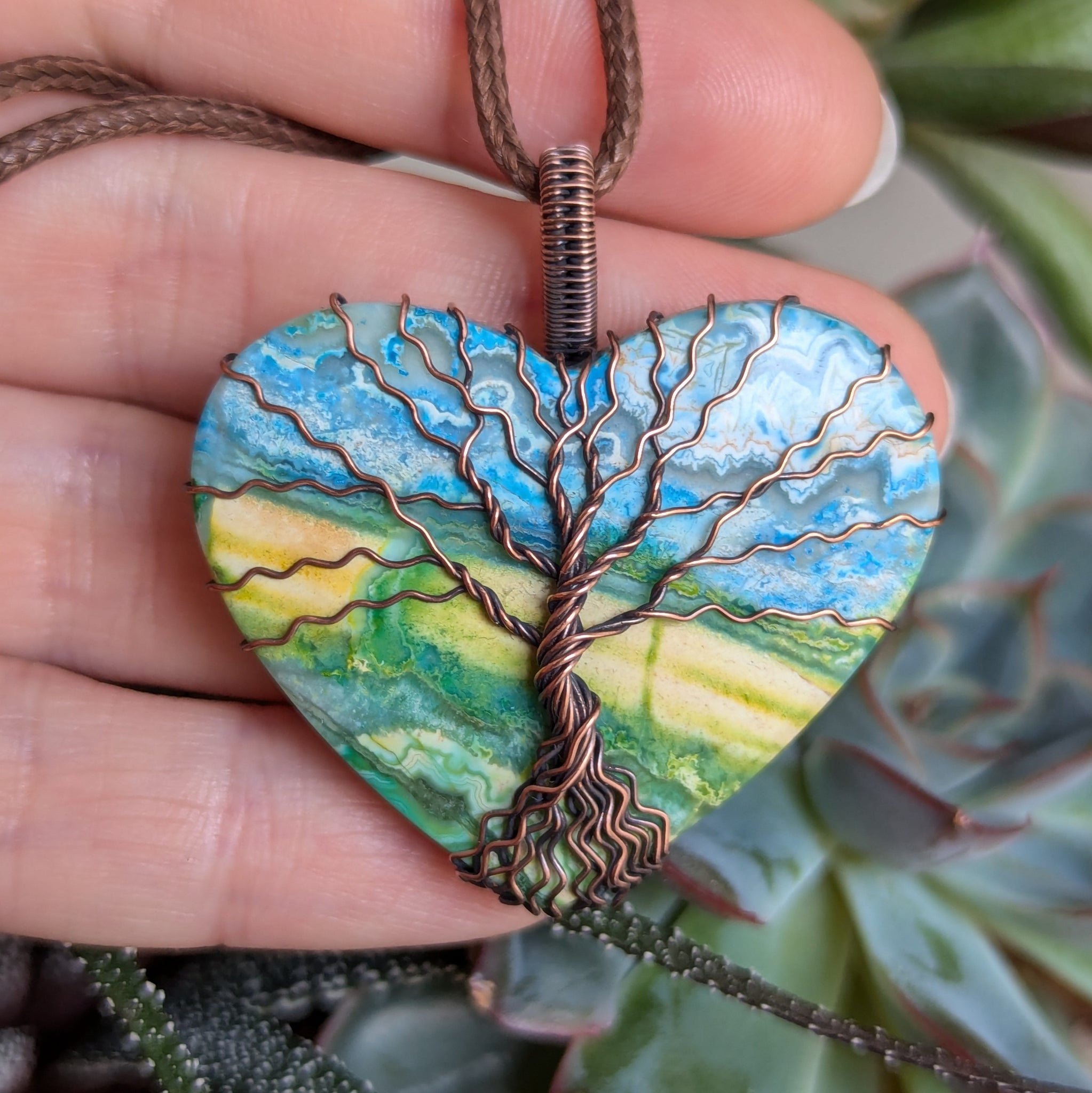 Rainbow Agate Heart Tree of Life Wire Wrapped Oxidized Copper Pendant