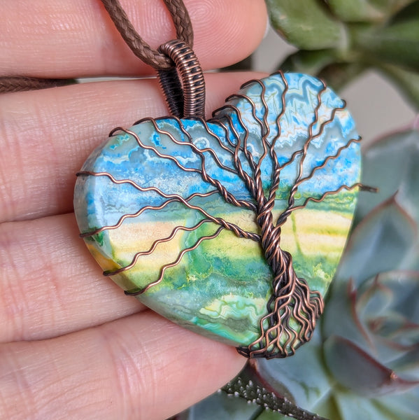 Rainbow Agate Heart Tree of Life Wire Wrapped Oxidized Copper Pendant