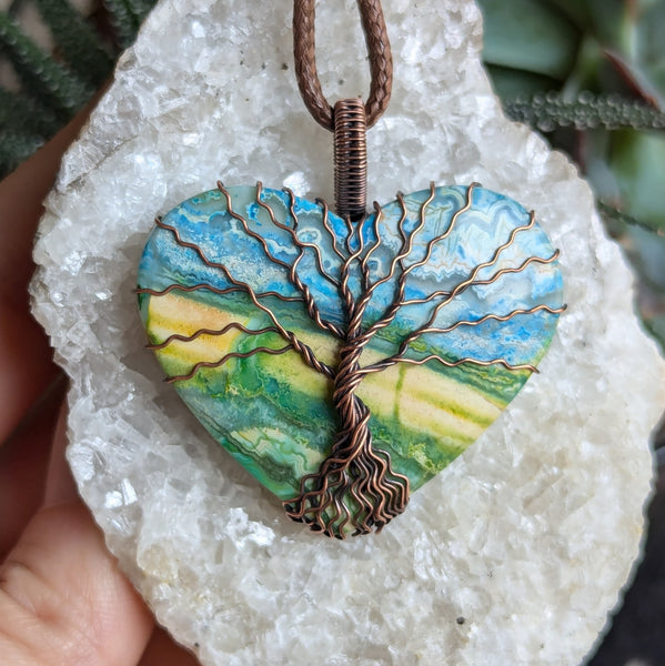 Rainbow Agate Heart Tree of Life Wire Wrapped Oxidized Copper Pendant