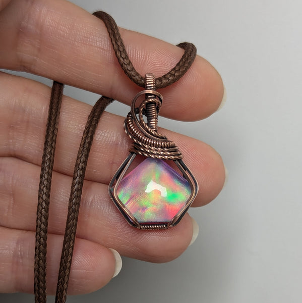 Aurora Opal Wire Wrapped Oxidized Copper Pendant