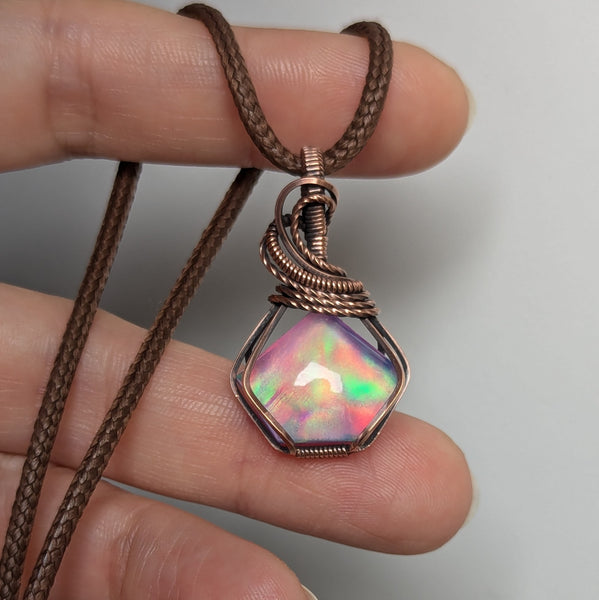 Aurora Opal Wire Wrapped Oxidized Copper Pendant