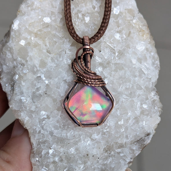 Aurora Opal Wire Wrapped Oxidized Copper Pendant