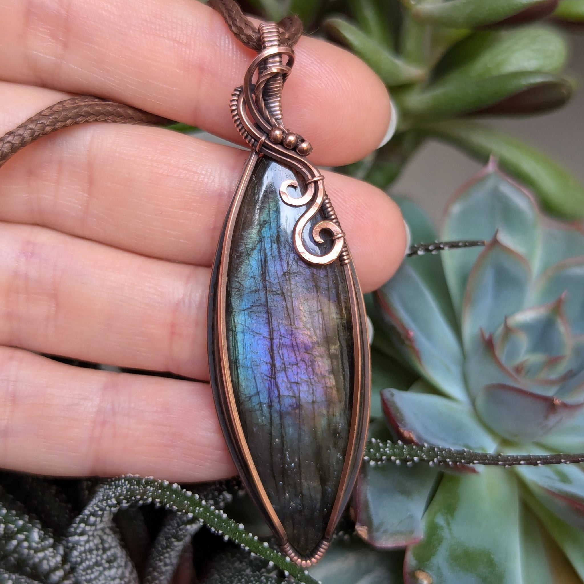 Labradorite Marquise Wire Wrapped Oxidized Copper Pendant