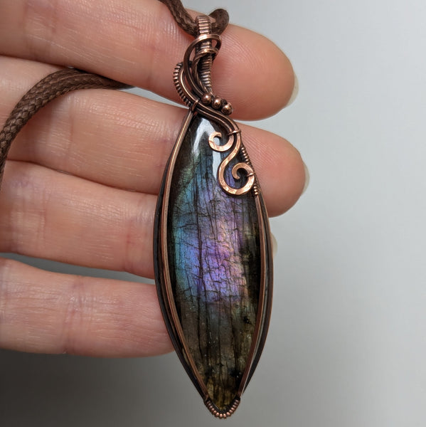 Labradorite Marquise Wire Wrapped Oxidized Copper Pendant