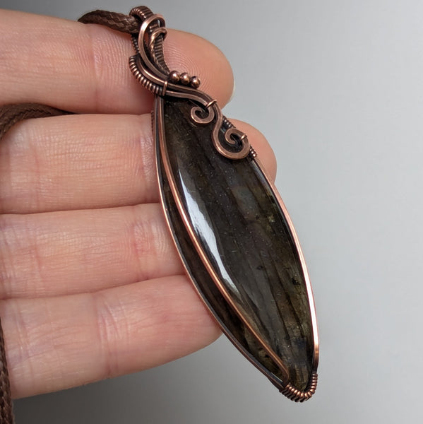 Labradorite Marquise Wire Wrapped Oxidized Copper Pendant