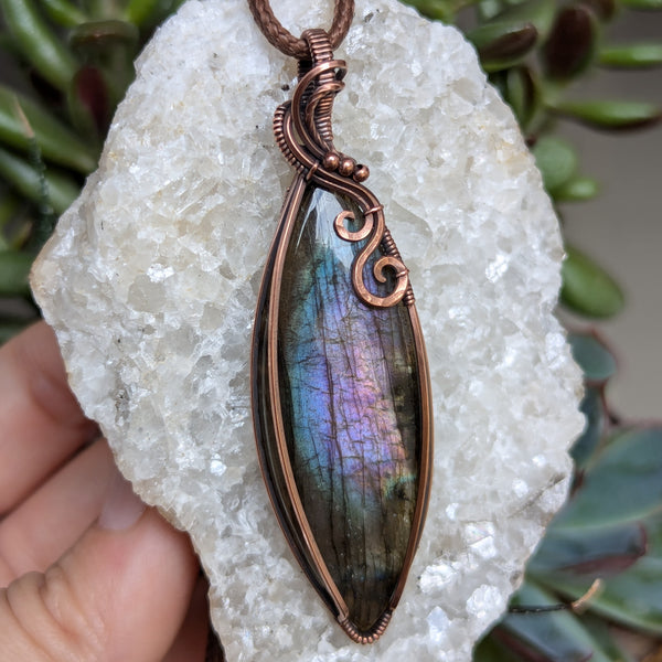 Labradorite Marquise Wire Wrapped Oxidized Copper Pendant