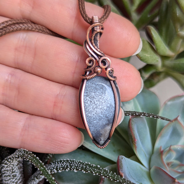 Dendritic Opal (Merlinite) Wire Wrapped Oxidized Copper Pendant