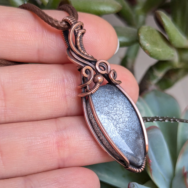 Dendritic Opal (Merlinite) Wire Wrapped Oxidized Copper Pendant