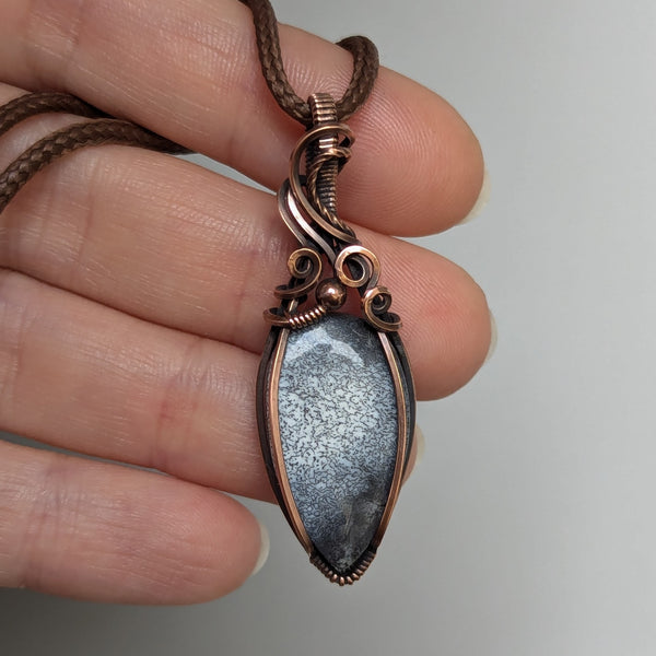 Dendritic Opal (Merlinite) Wire Wrapped Oxidized Copper Pendant