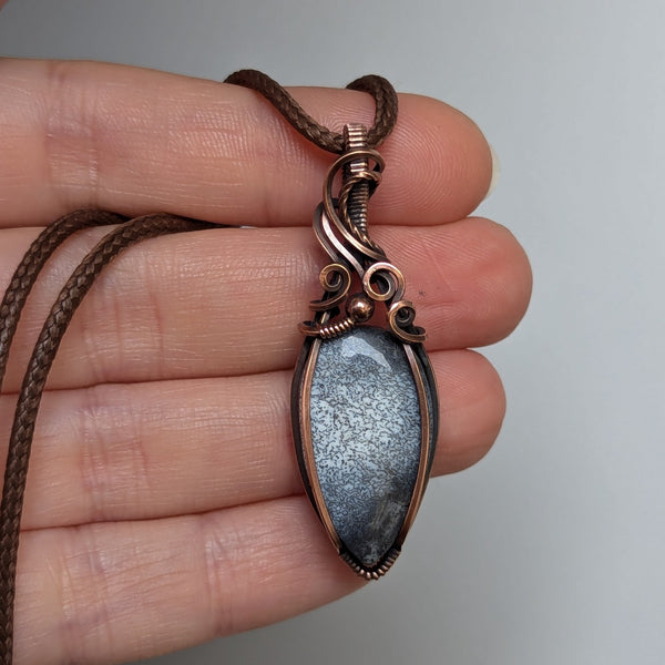 Dendritic Opal (Merlinite) Wire Wrapped Oxidized Copper Pendant