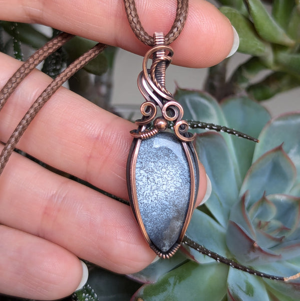 Dendritic Opal (Merlinite) Wire Wrapped Oxidized Copper Pendant